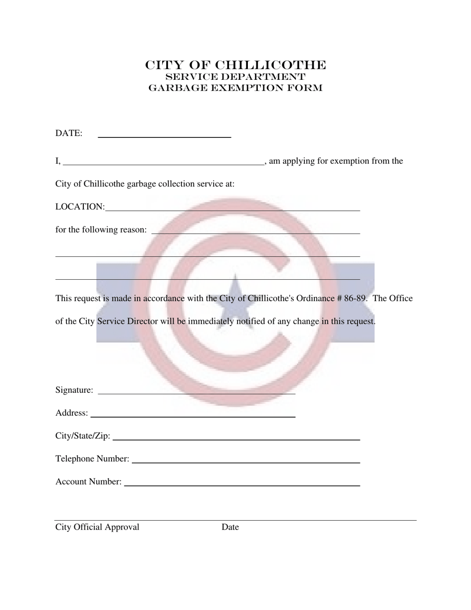 City of Chillicothe, Ohio Garbage Exemption Form Fill Out, Sign