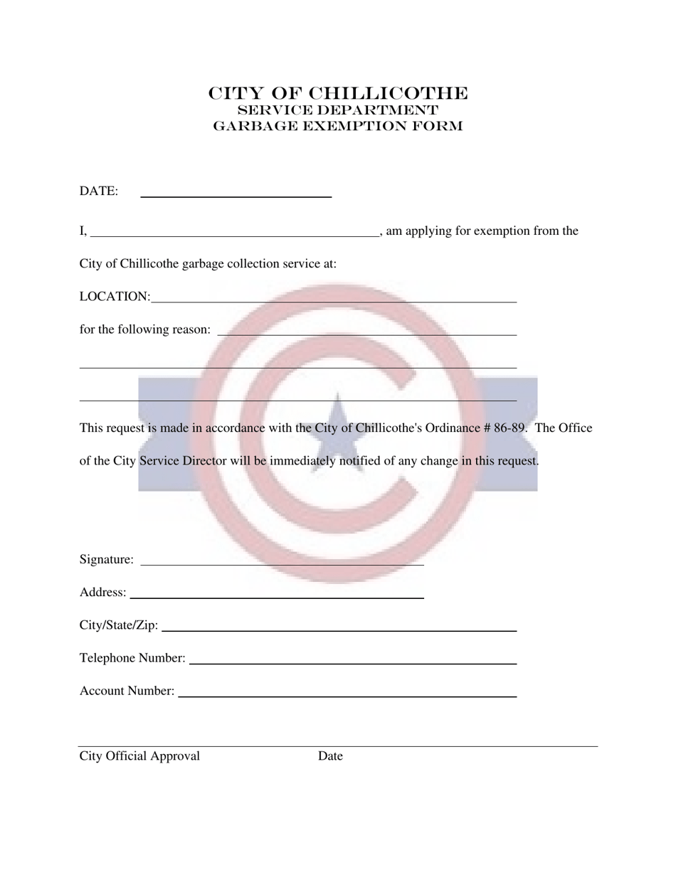 Garbage Exemption Form - City of Chillicothe, Ohio, Page 1