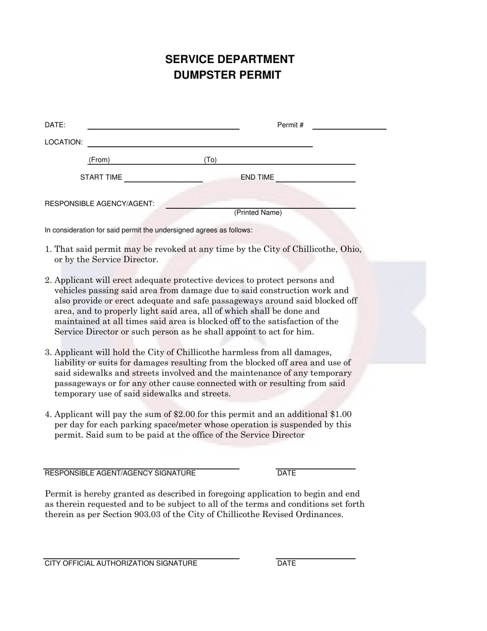 Dumpster Permit - City of Chillicothe, Ohio, Page 1