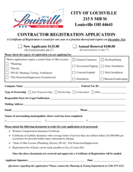 Document preview: Contractor Registration Application - City of Louisville, Ohio