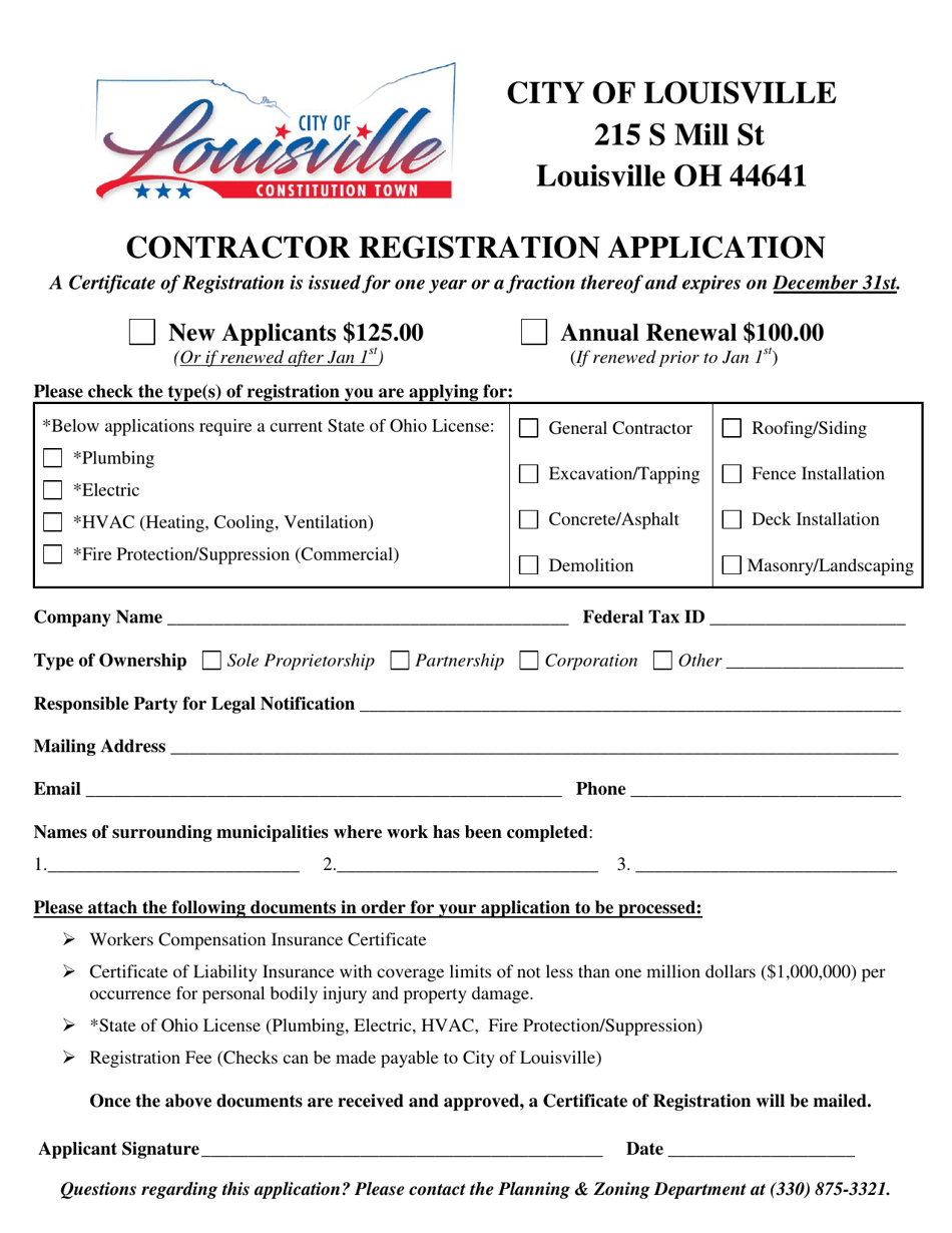 Contractor Registration Application - City of Louisville, Ohio, Page 1