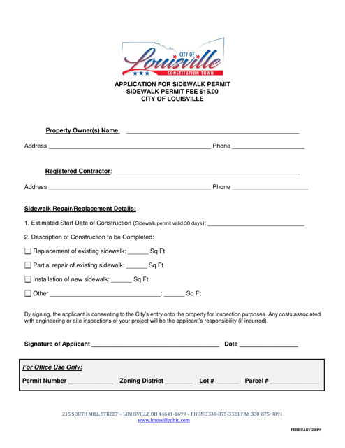 Application for Sidewalk Permit - City of Louisville, Ohio Download Pdf