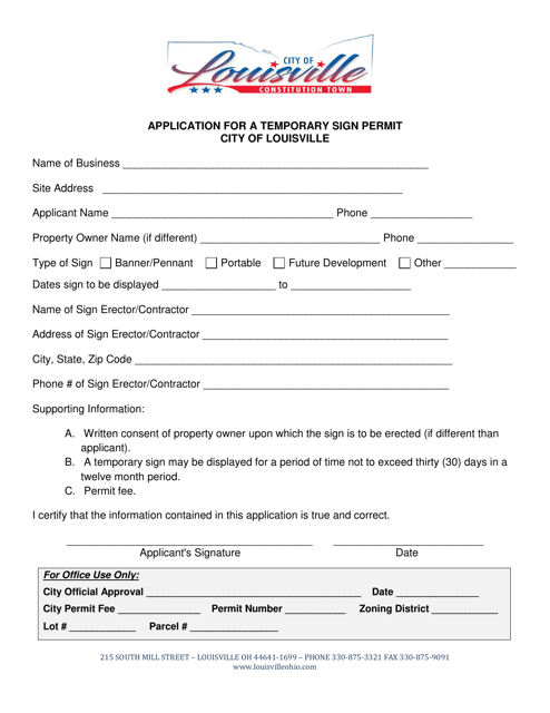 Application for a Temporary Sign Permit - City of Louisville, Ohio Download Pdf