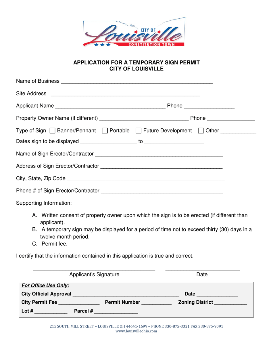 Application for a Temporary Sign Permit - City of Louisville, Ohio, Page 1