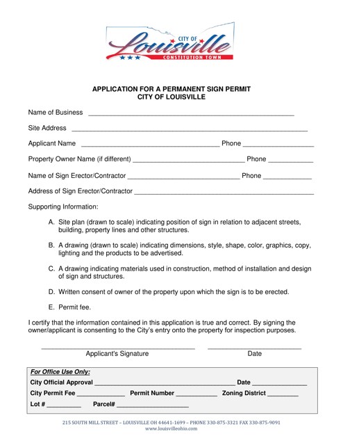 Application for a Permanent Sign Permit - City of Louisville, Ohio Download Pdf