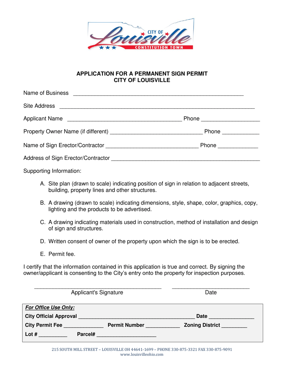 Application for a Permanent Sign Permit - City of Louisville, Ohio, Page 1