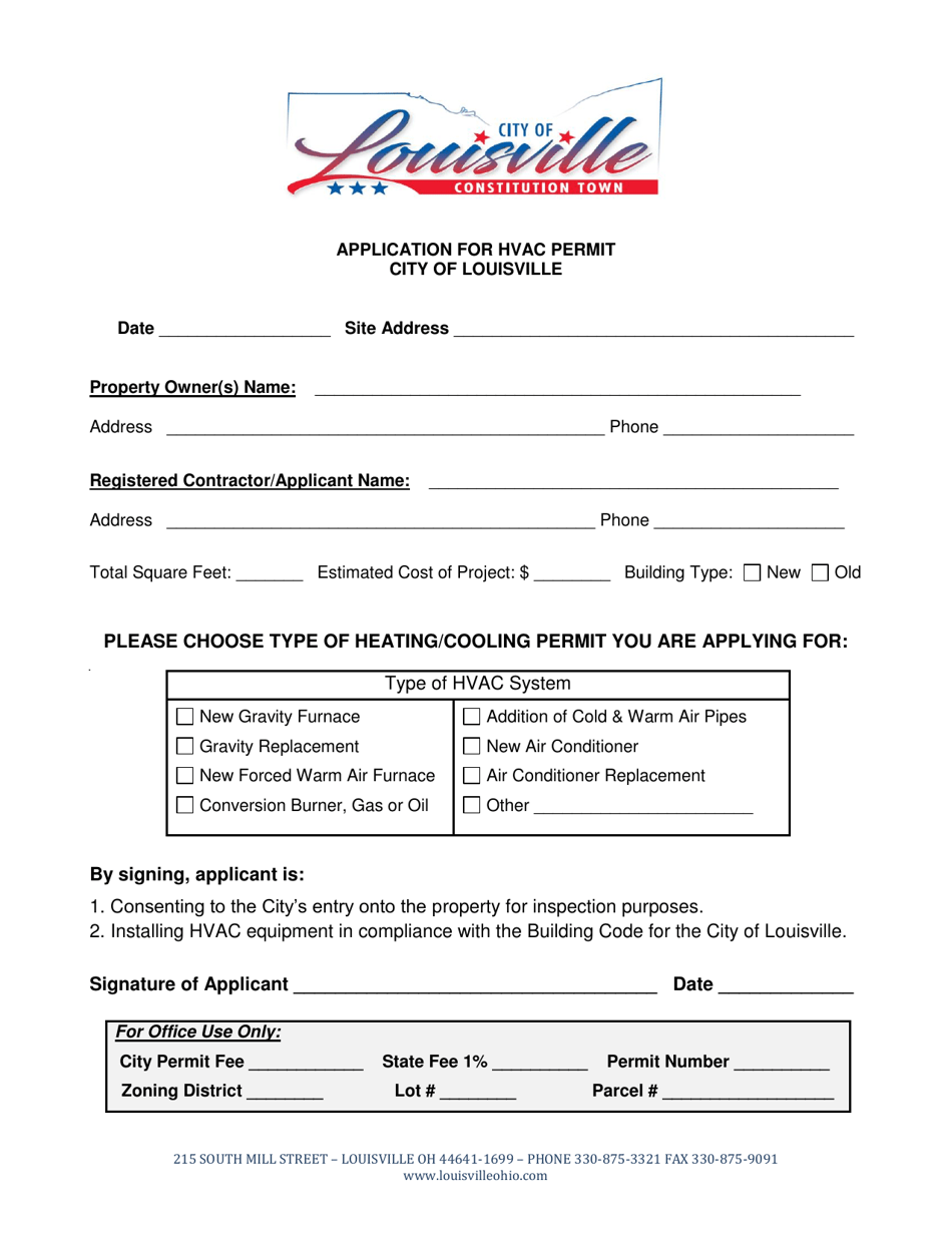 City of Louisville, Ohio Application for HVAC Permit Fill Out, Sign