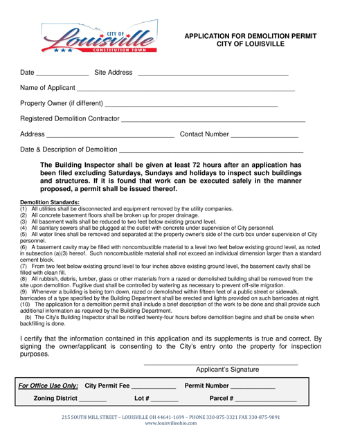Application for Demolition Permit - City of Louisville, Ohio Download Pdf