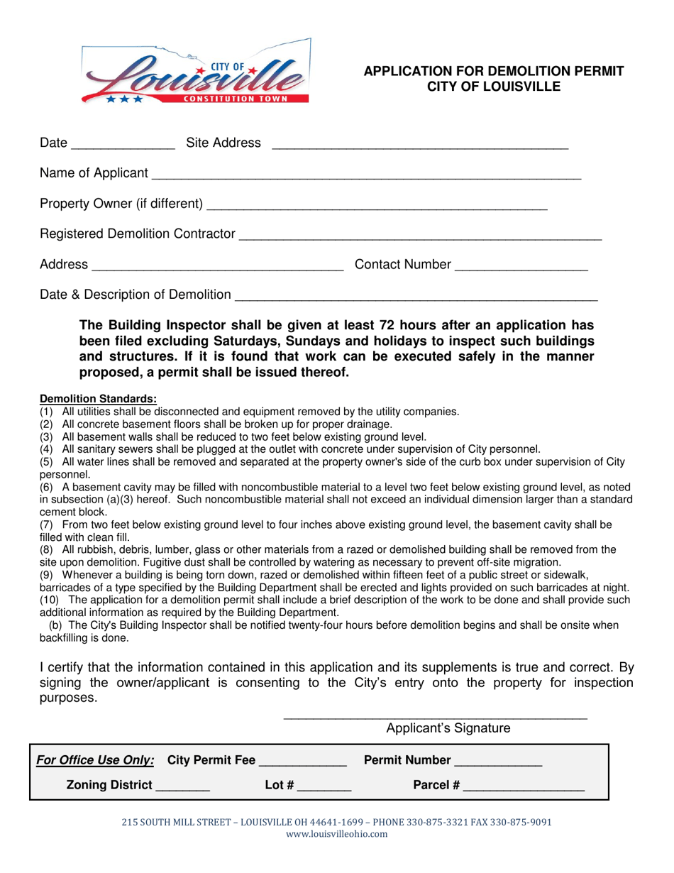 Application for Demolition Permit - City of Louisville, Ohio, Page 1