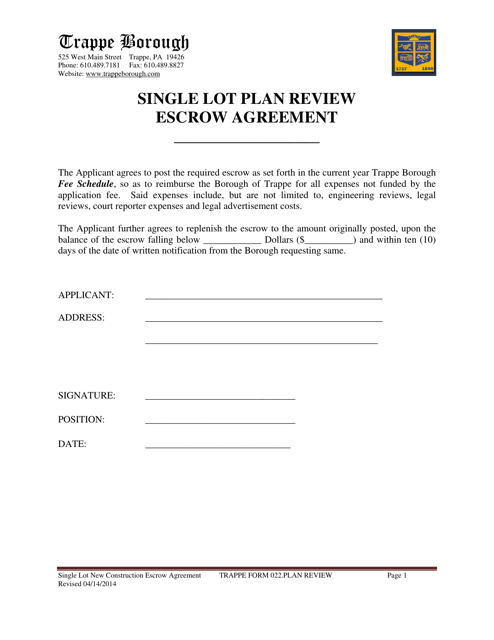 TRAPPE Form 022 Single Lot Plan Review Escrow Agreement - Trappe Borough, Pennsylvania