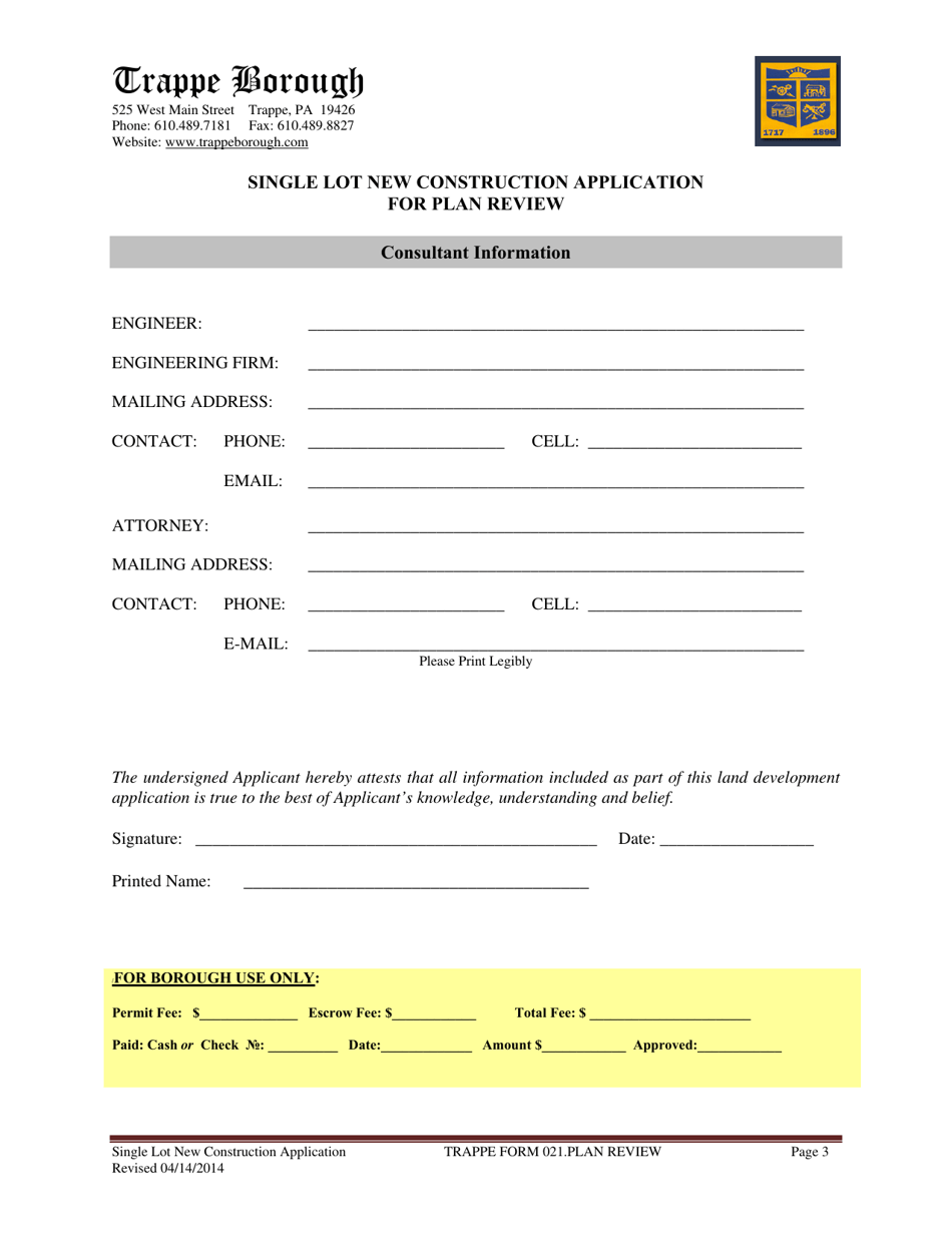 TRAPPE Form 021 Single Lot New Construction Application for Plan Review - Trappe Borough, Pennsylvania, Page 3