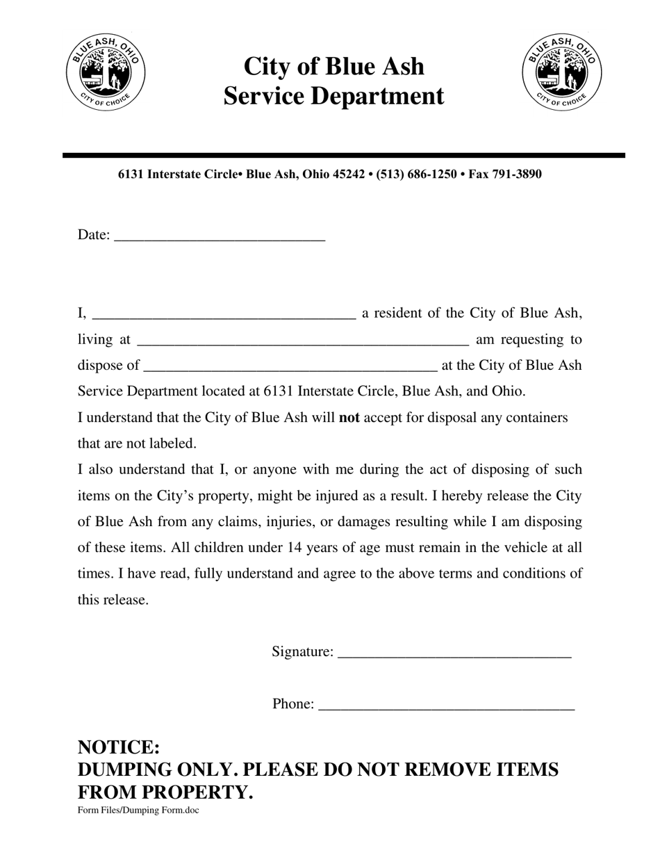 City of Blue Ash, Ohio DropOff Disposal Form Download Fillable PDF