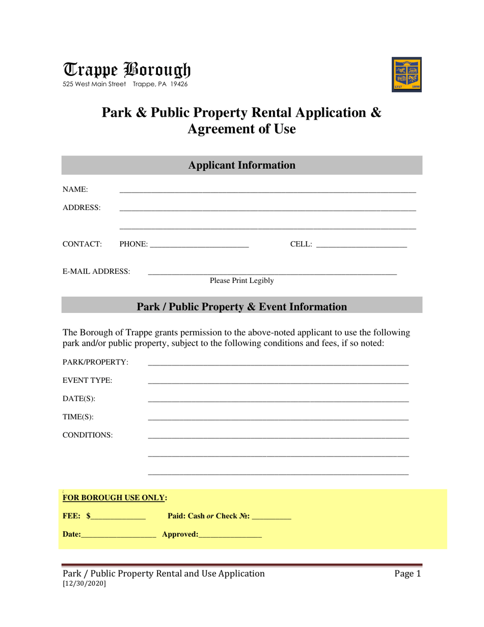 Park  Public Property Rental Application  Agreement of Use - Trappe Borough, Pennsylvania, Page 1