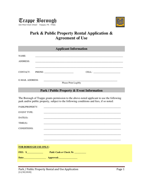Park & Public Property Rental Application & Agreement of Use - Trappe Borough, Pennsylvania Download Pdf