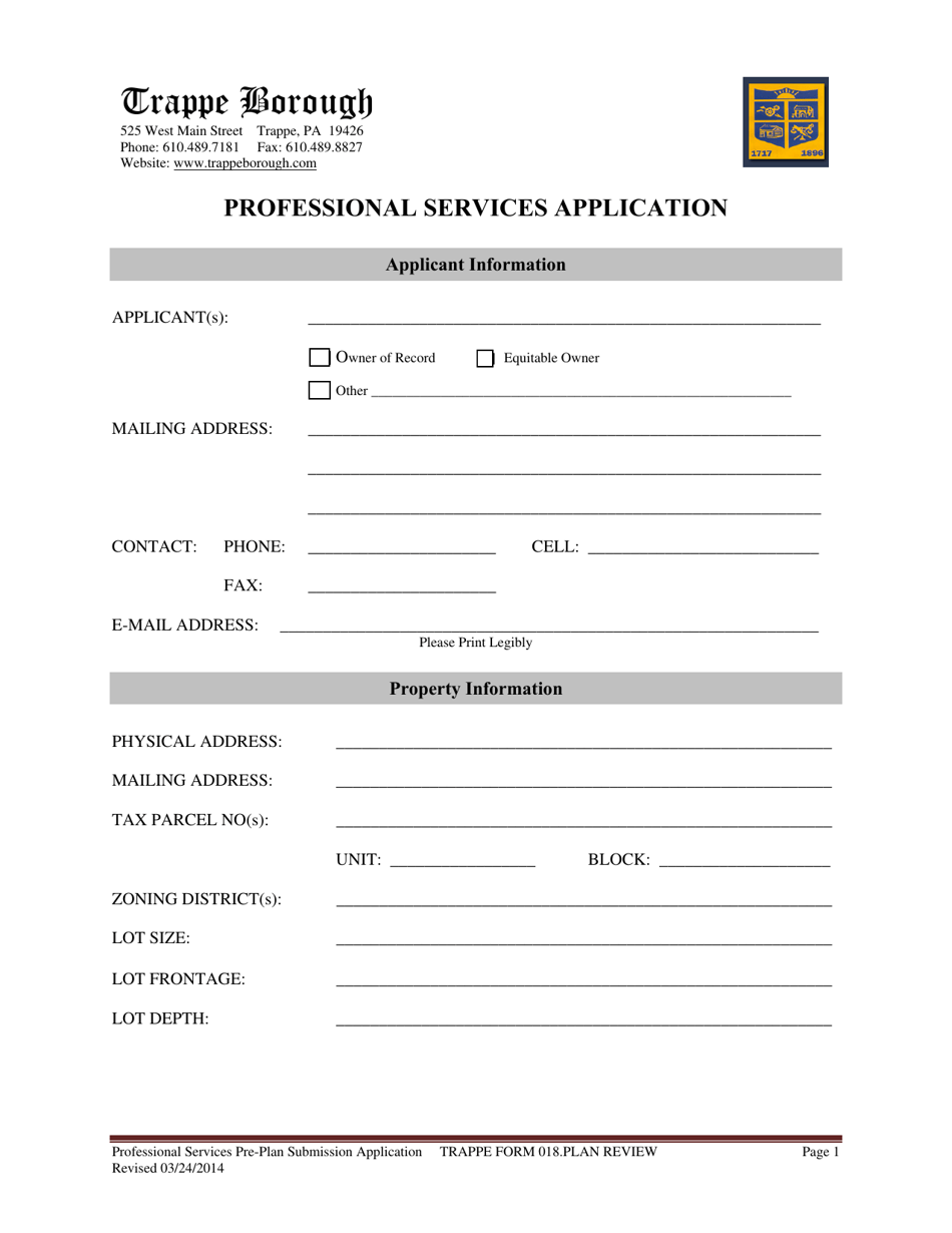 TRAPPE Form 018 Professional Services Application - Trappe Borough, Pennsylvania, Page 1