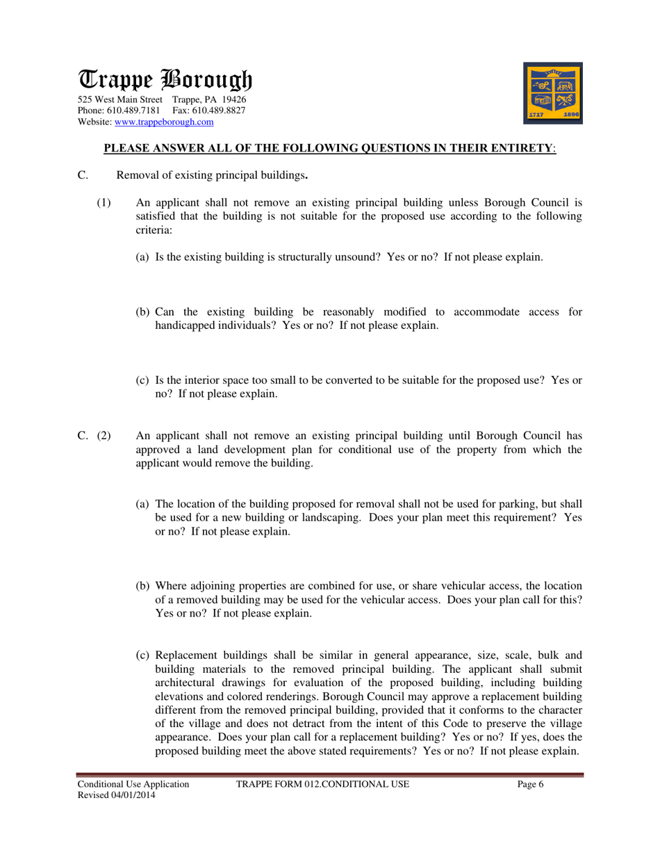 TRAPPE Form 012 Application for Conditional Use Approval - Trappe Borough, Pennsylvania, Page 6