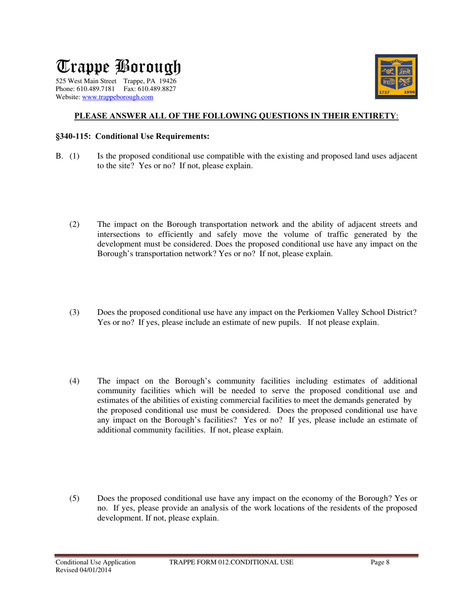 TRAPPE Form 012 Application for Conditional Use Approval - Trappe Borough, Pennsylvania, Page 8
