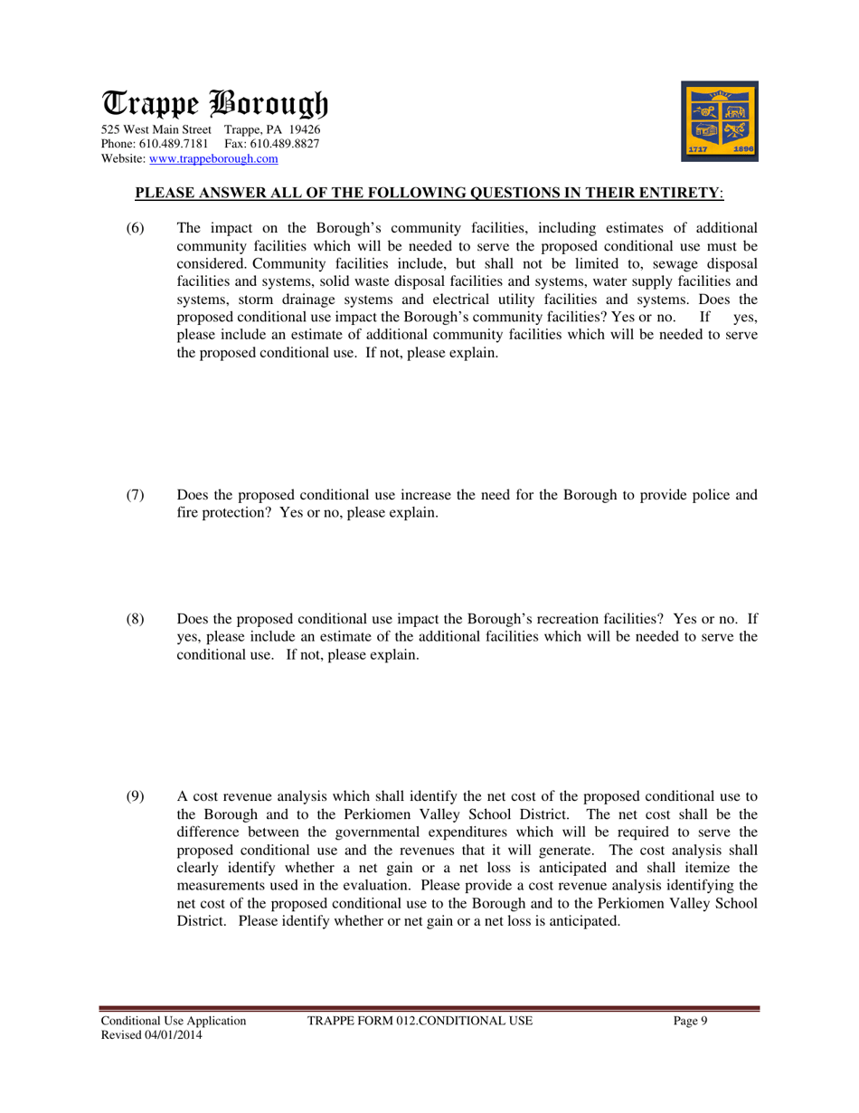 TRAPPE Form 012 Application for Conditional Use Approval - Trappe Borough, Pennsylvania, Page 9