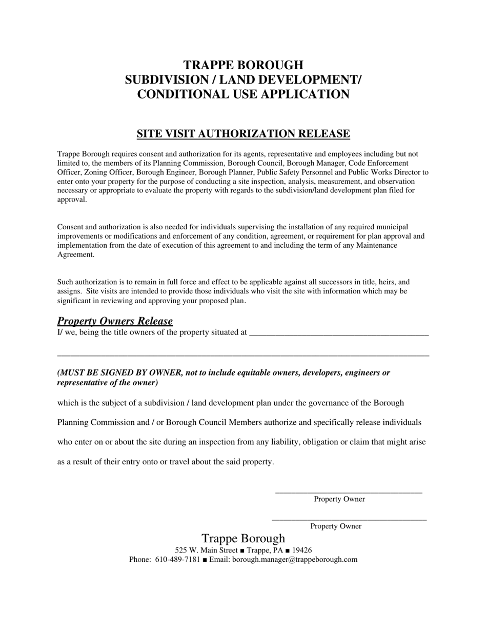 Conditional Use Application Site Visit Authorization Release - Trappe Borough, Pennsylvania, Page 1