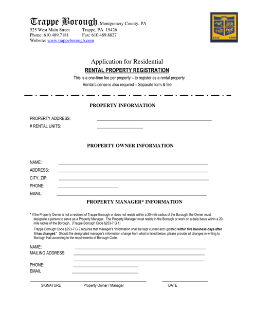 Application for Residential Rental Property Registration - Trappe Borough, Pennsylvania Download Pdf