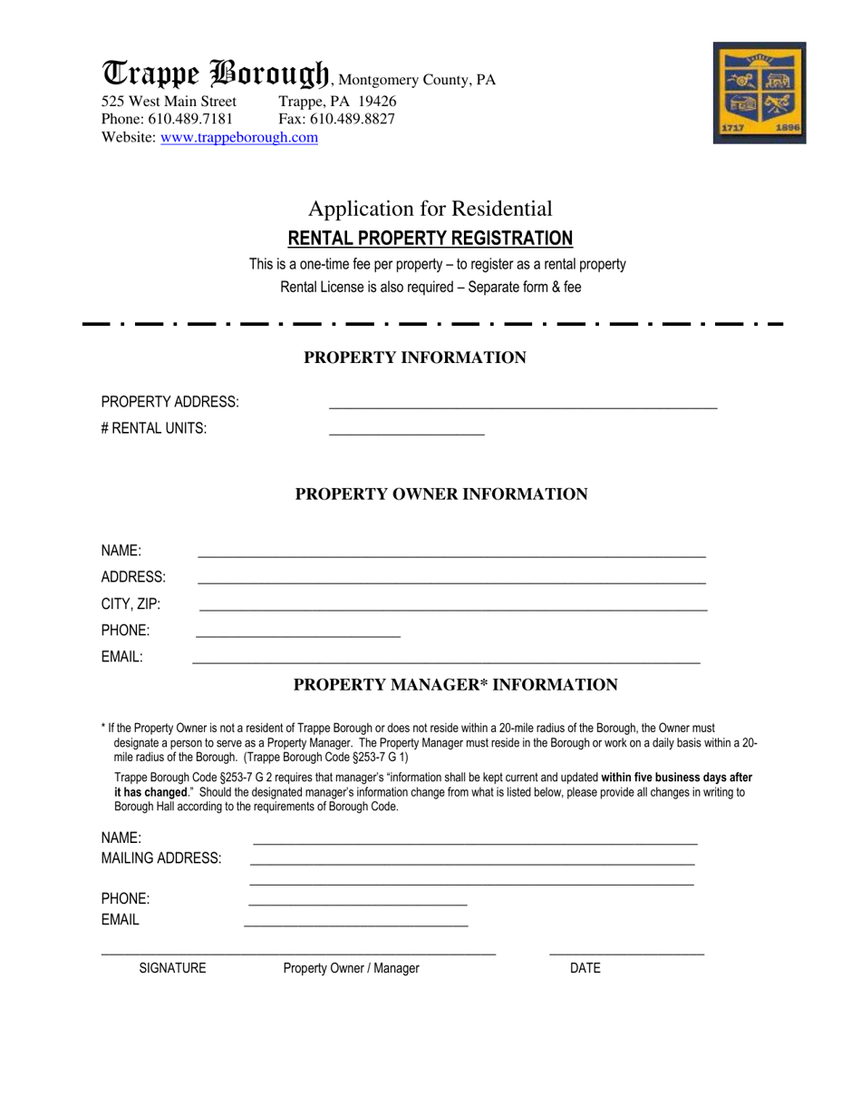 Application for Residential Rental Property Registration - Trappe Borough, Pennsylvania, Page 1