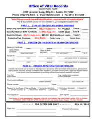 Document preview: Birth or Death Certificate Application - City of Austin, Texas