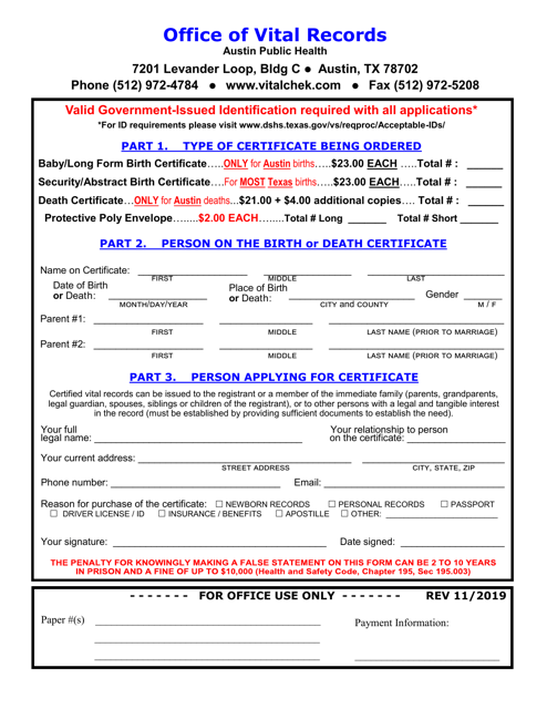 Birth or Death Certificate Application - City of Austin, Texas Download Pdf