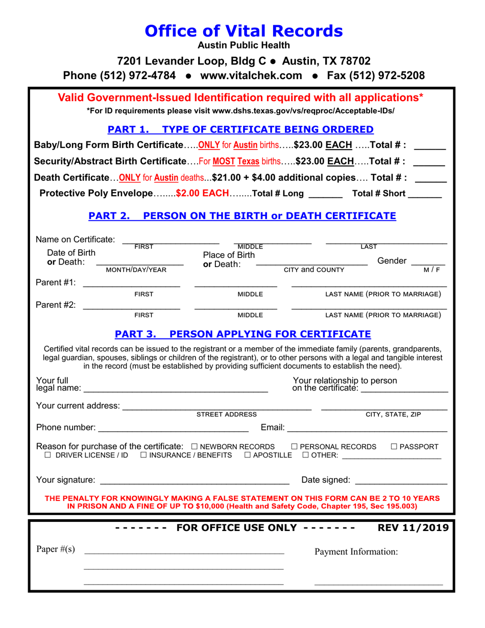 Birth or Death Certificate Application - City of Austin, Texas, Page 1