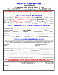 Document preview: Birth or Death Certificate Application - City of Austin, Texas (Spanish)