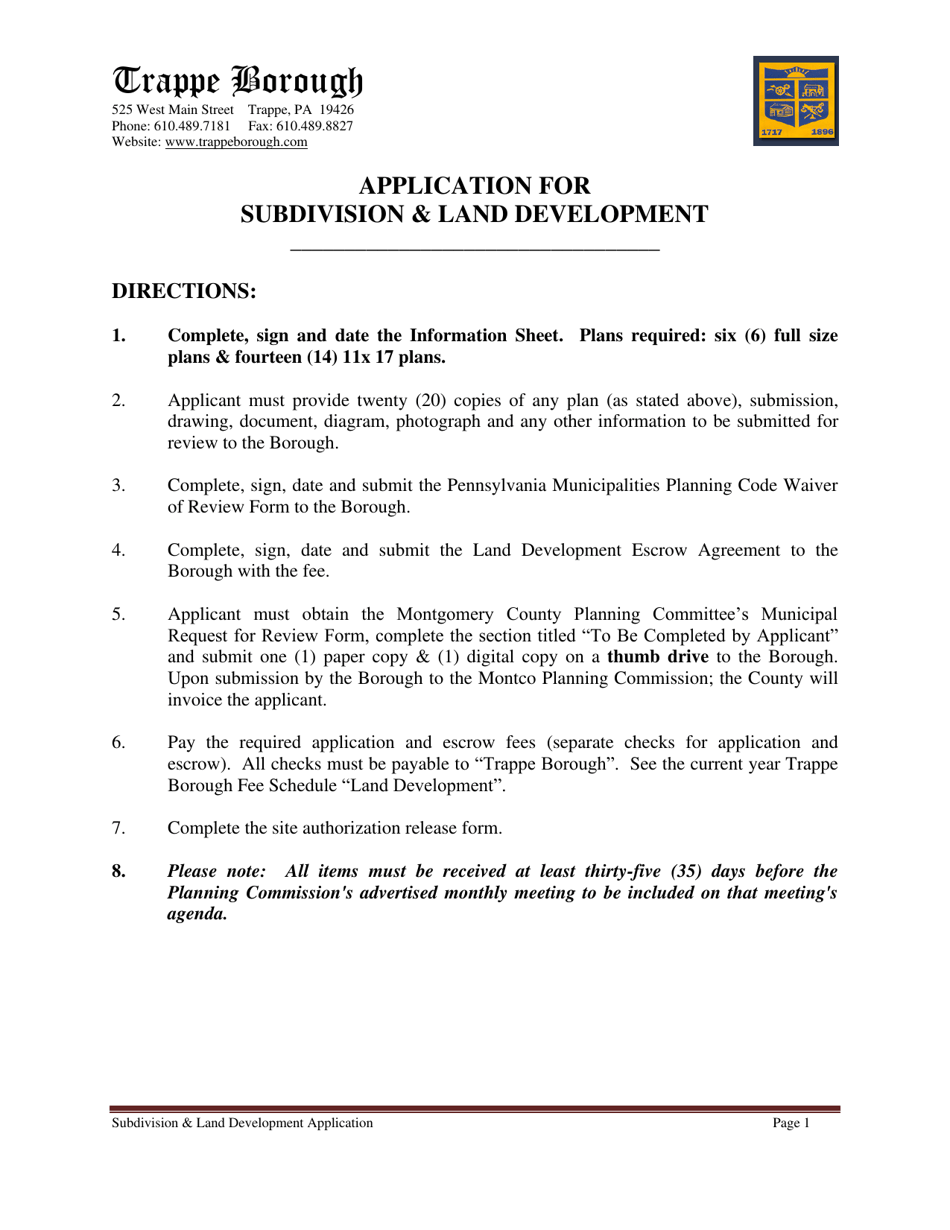 Trappe Borough, Pennsylvania Application for Subdivision & Land