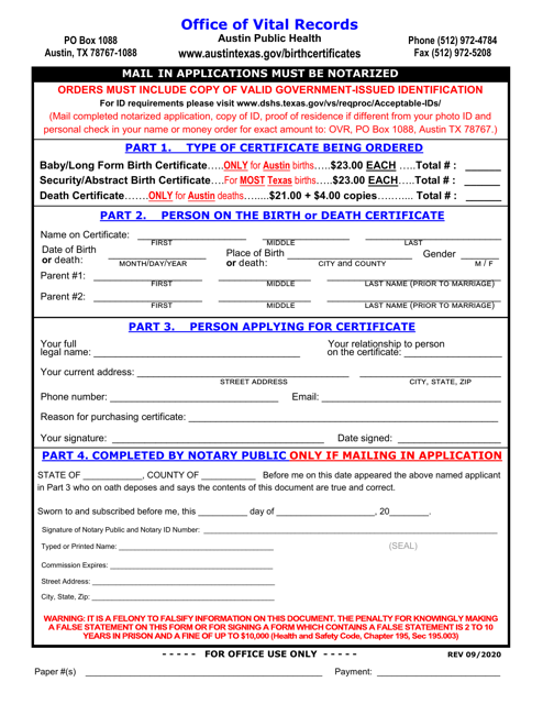 Birth or Death Certificate Main-In Application - City of Austin, Texas Download Pdf