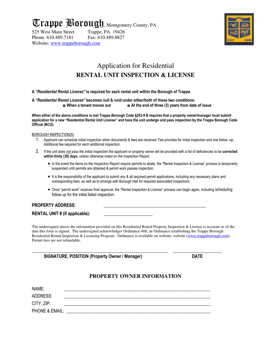 Application for Residential Rental Unit Inspection  License - Trappe Borough, Pennsylvania, Page 1