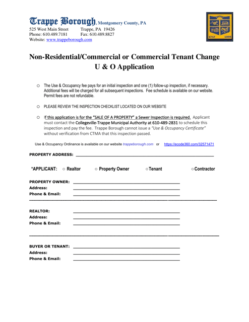 Non-residential / Commercial or Commercial Tenant Change Use & Occupancy Application - Trappe Borough, Pennsylvania Download Pdf