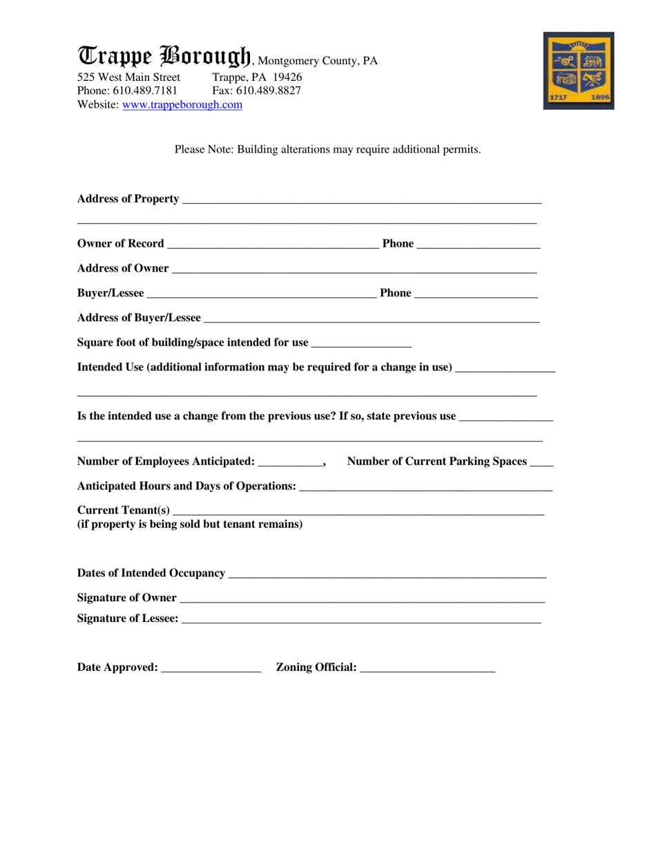 Non-residential / Commercial or Commercial Tenant Change Use  Occupancy Application - Trappe Borough, Pennsylvania, Page 2