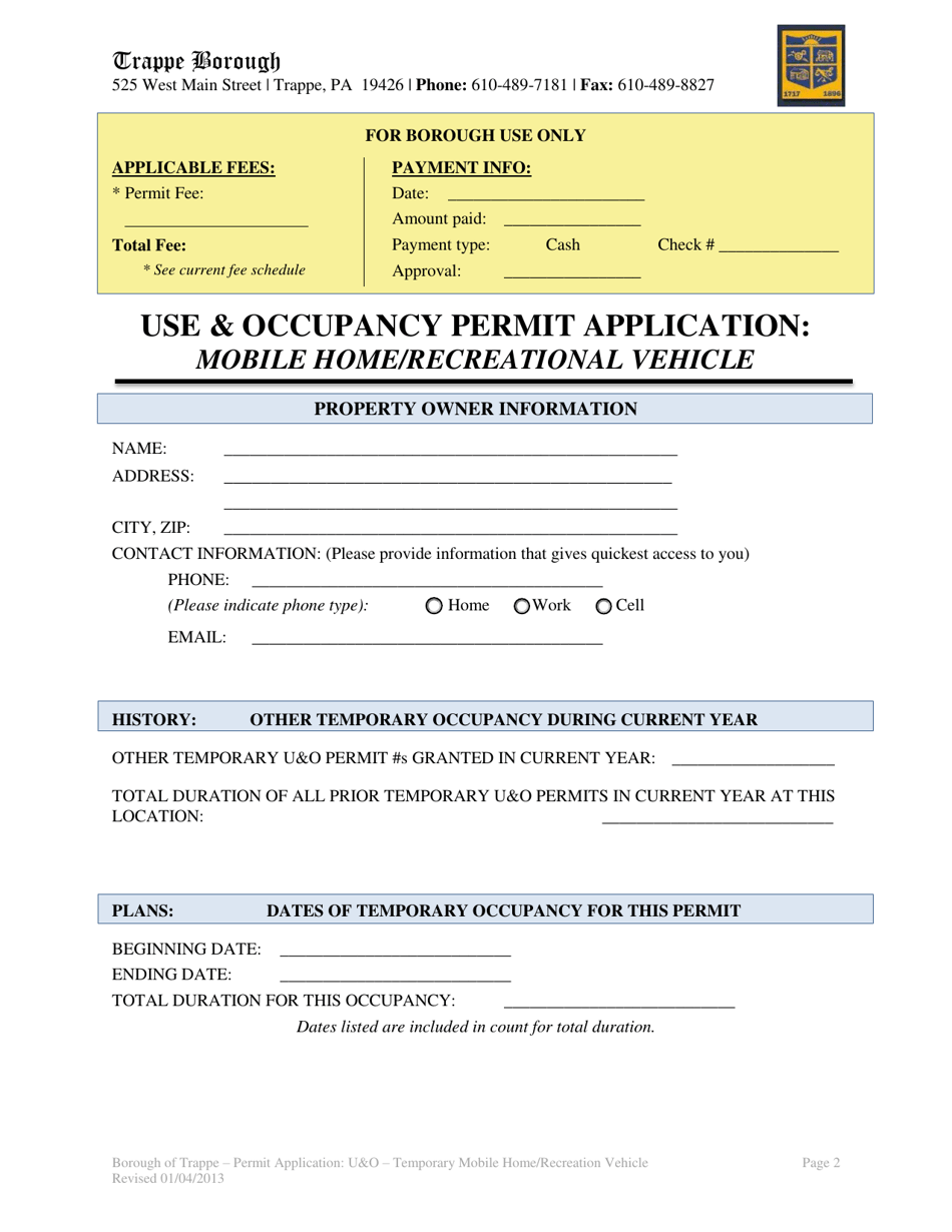 Use  Occupancy Permit Application: Mobile Home / Recreational Vehicle - Trappe Borough, Pennsylvania, Page 2