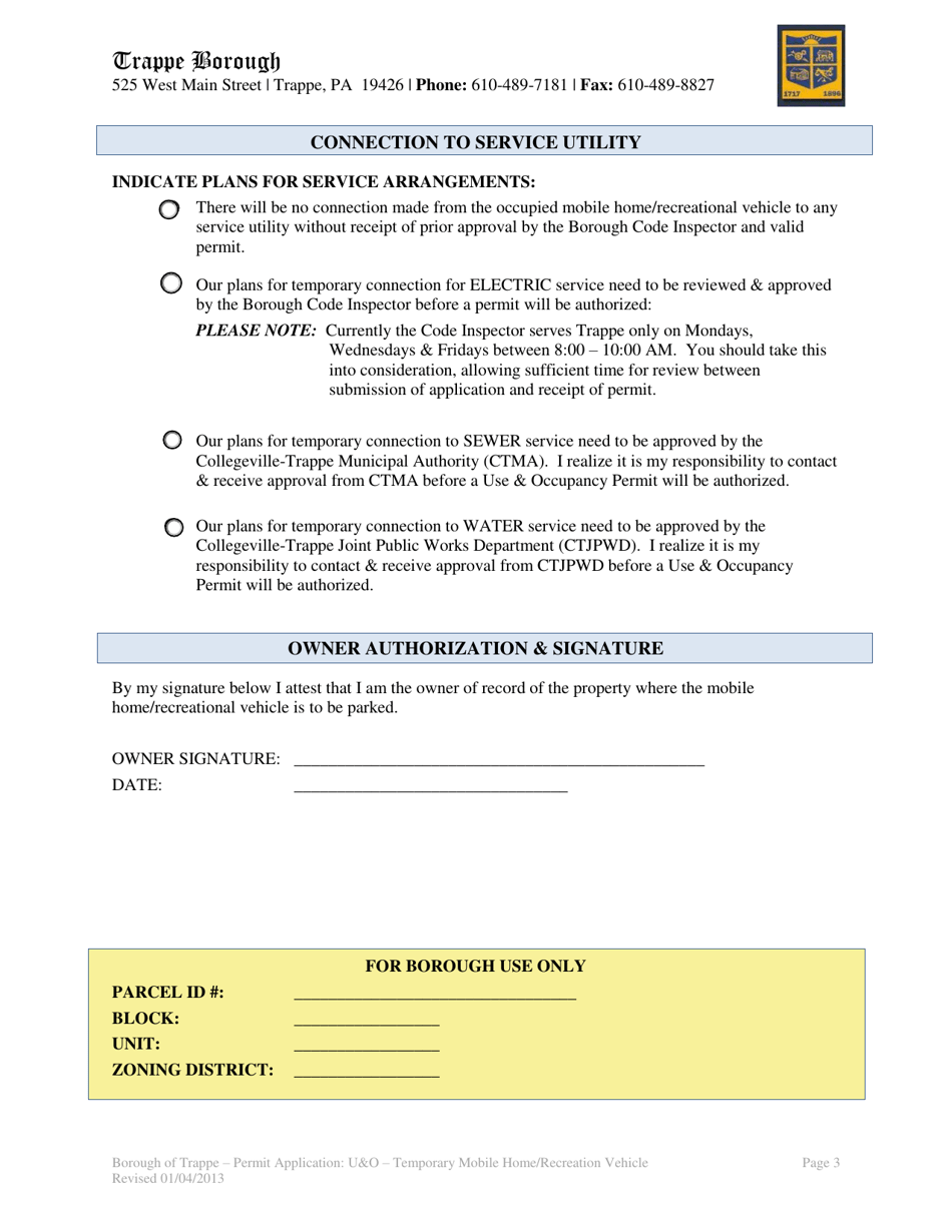 Use  Occupancy Permit Application: Mobile Home / Recreational Vehicle - Trappe Borough, Pennsylvania, Page 3