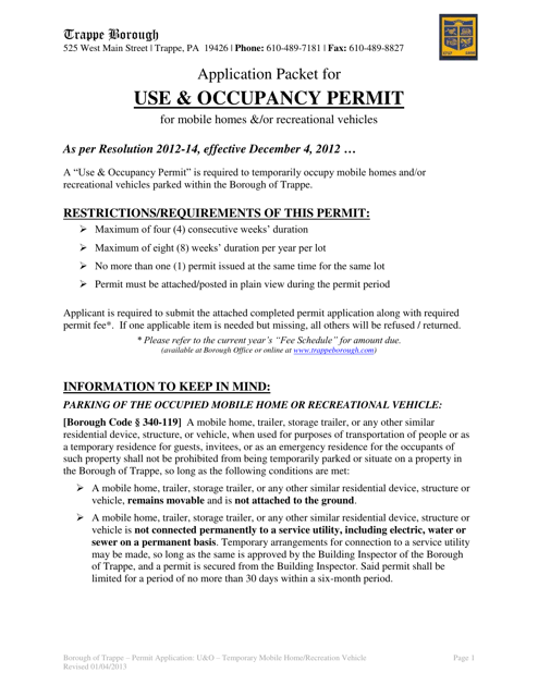 Use & Occupancy Permit Application: Mobile Home / Recreational Vehicle - Trappe Borough, Pennsylvania Download Pdf