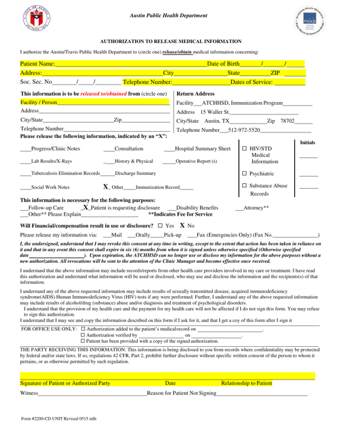Form 2200-CD Authorization to Release Medical Information - City of Austin, Texas (English/Spanish)