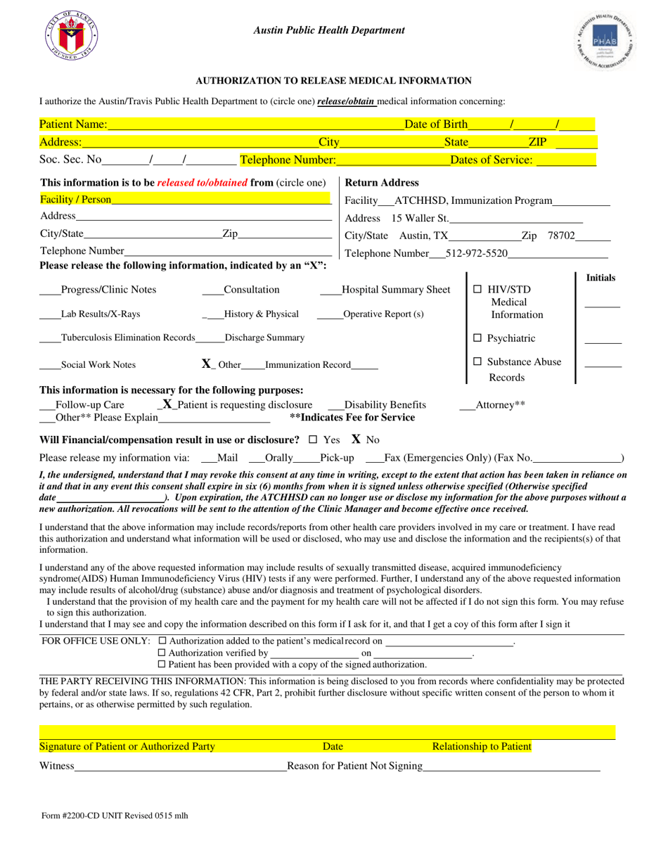 Form 2200-CD Authorization to Release Medical Information - City of Austin, Texas (English / Spanish), Page 1