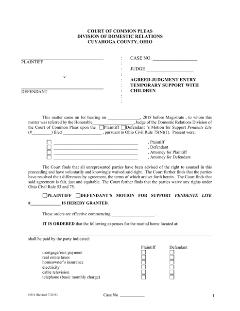 Form H816 Agreed Judgment Entry Temporary Support With Children - Cuyahoga County, Ohio