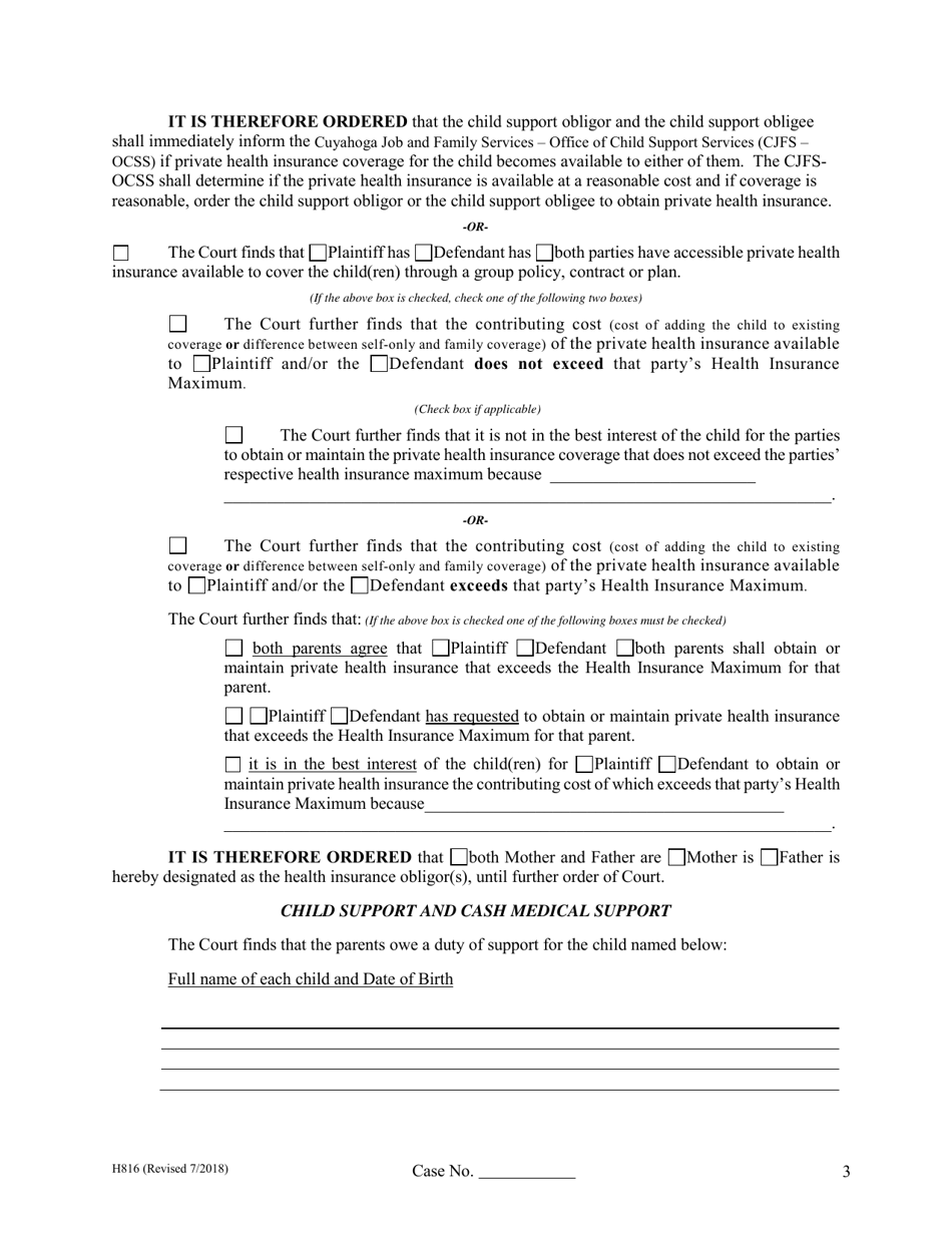 Form H816 Agreed Judgment Entry Temporary Support With Children - Cuyahoga County, Ohio, Page 3