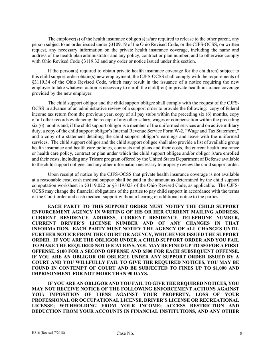 Form H816 Agreed Judgment Entry Temporary Support With Children - Cuyahoga County, Ohio, Page 8