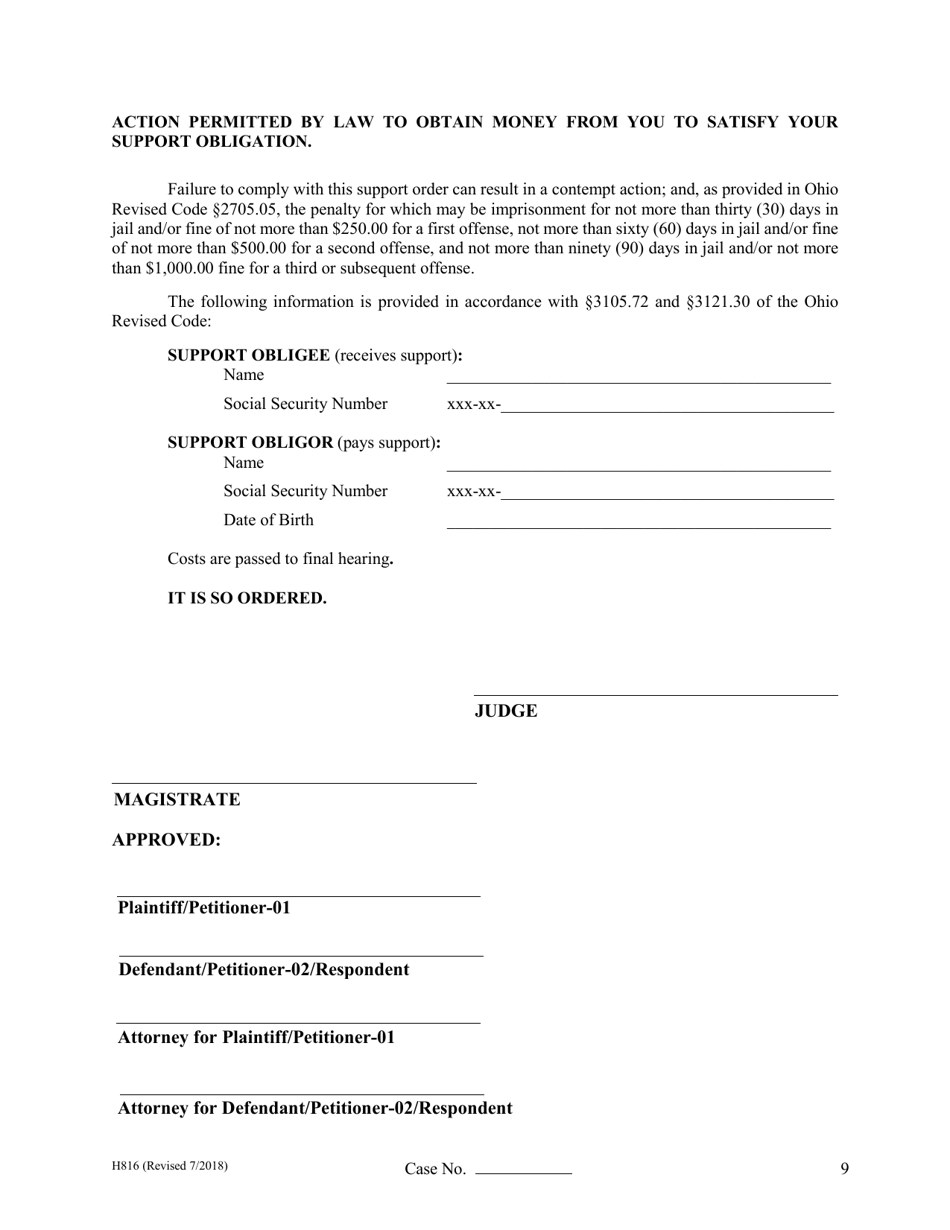 Form H816 Agreed Judgment Entry Temporary Support With Children - Cuyahoga County, Ohio, Page 9