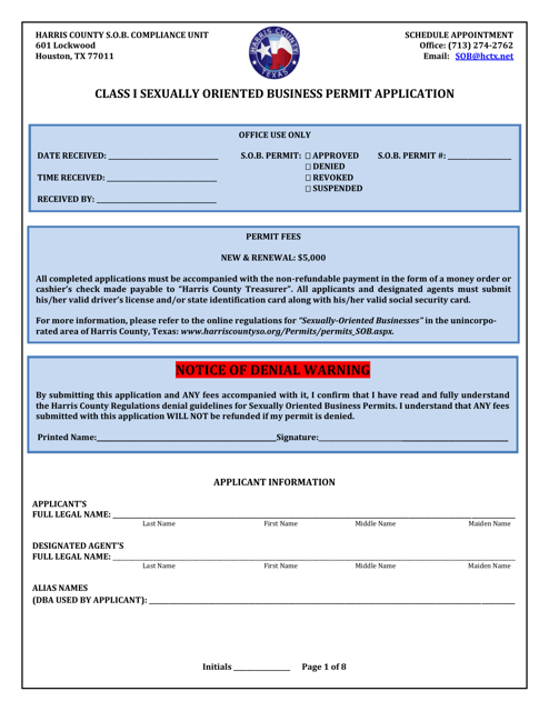 Class I Sexually Oriented Business Permit Application - Harris County, Texas Download Pdf