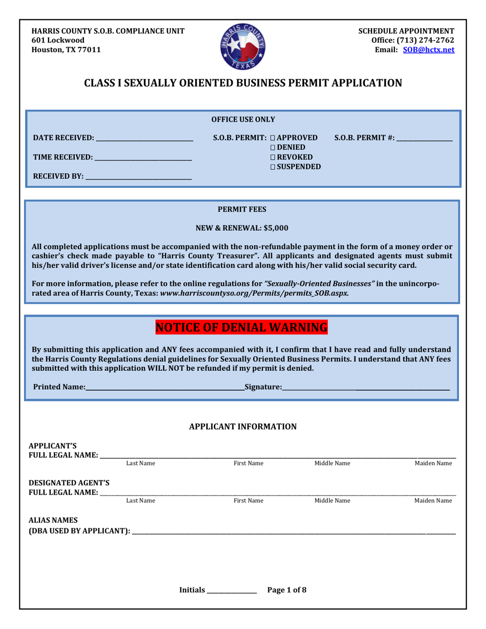 Class I Sexually Oriented Business Permit Application - Harris County, Texas, Page 1