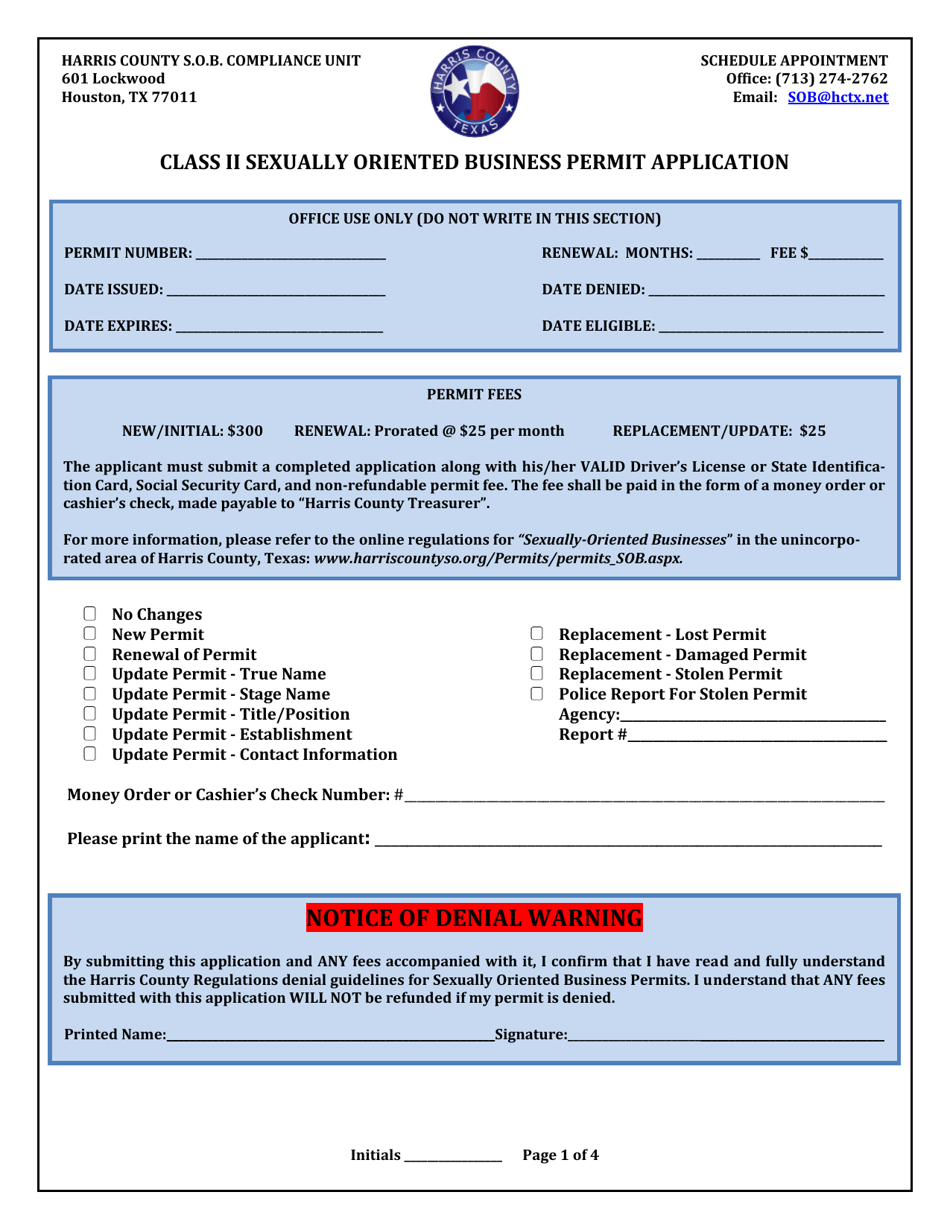 Class II Sexually Oriented Business Permit Application - Harris County, Texas, Page 1