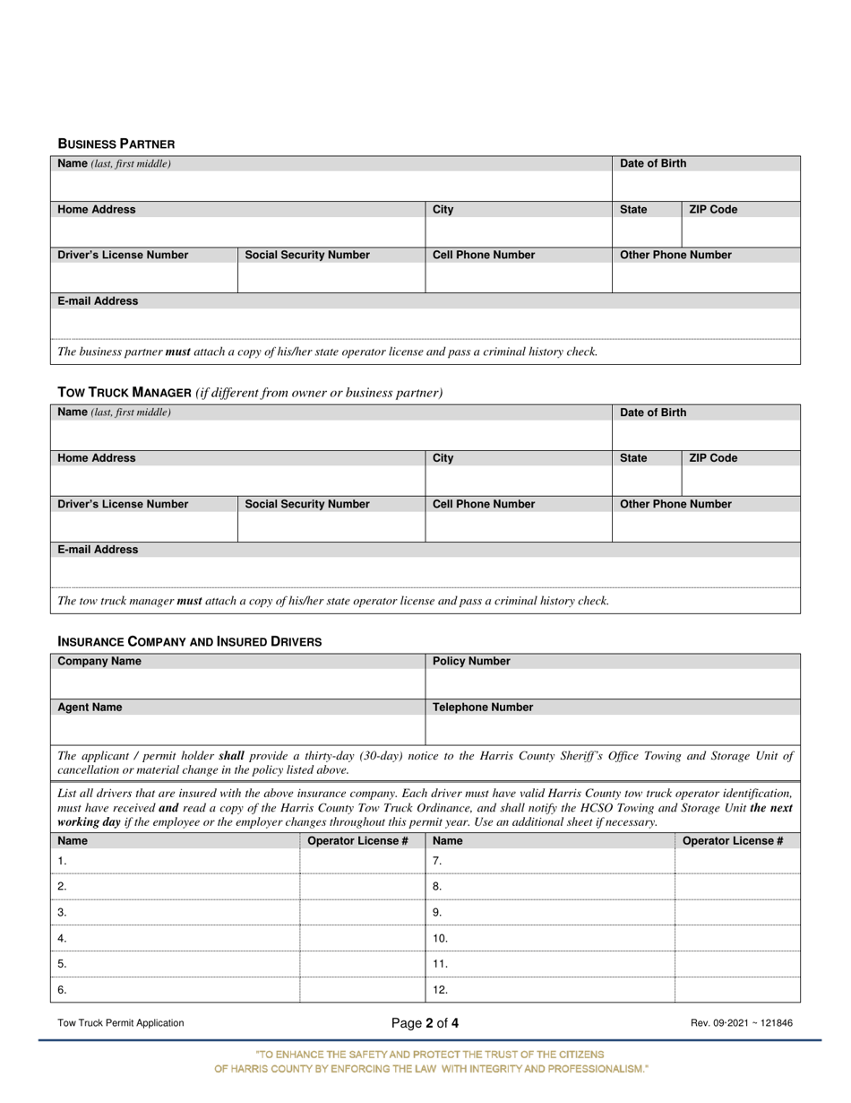 Tow Truck Permit Application - Harris County, Texas, Page 2