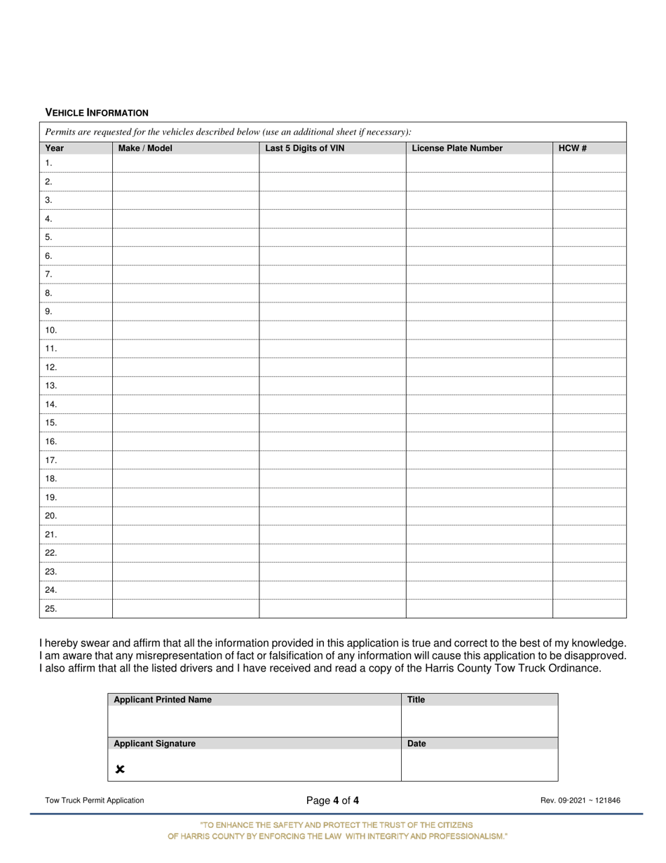 Tow Truck Permit Application - Harris County, Texas, Page 4