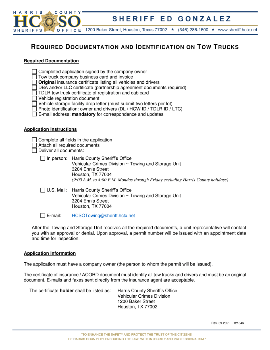 Tow Truck Permit Application - Harris County, Texas, Page 5