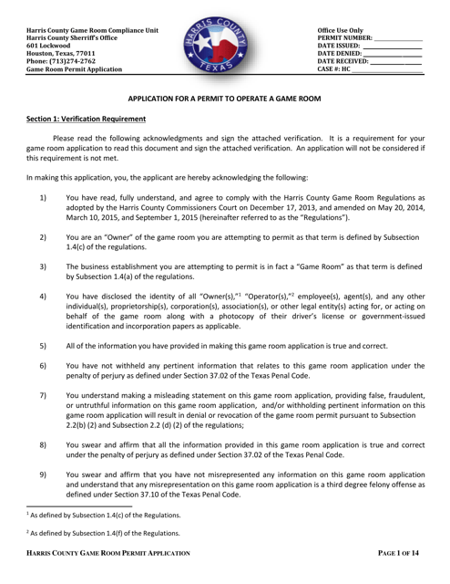 Document preview: Application for a Permit to Operate a Game Room - Harris County, Texas
